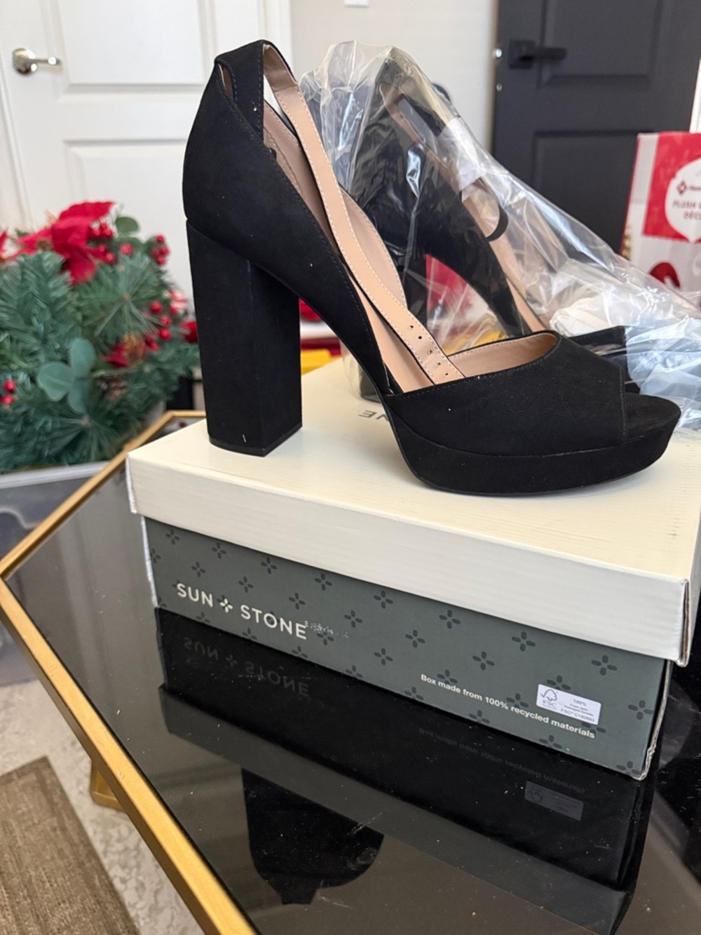 Sun + Stone Black Suede Peep-Toe Block Heel Pumps